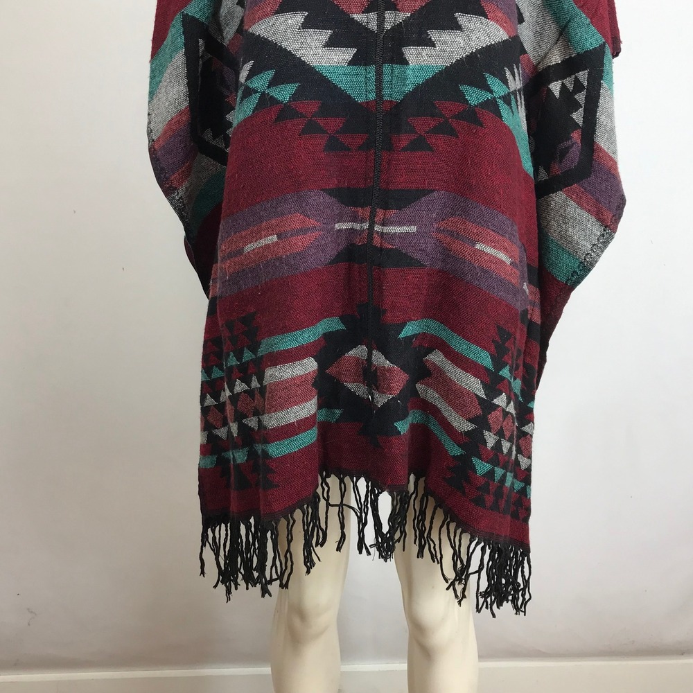 Women's Hooded Zip Poncho - Burgundy Aztec - Picture 3 of 8